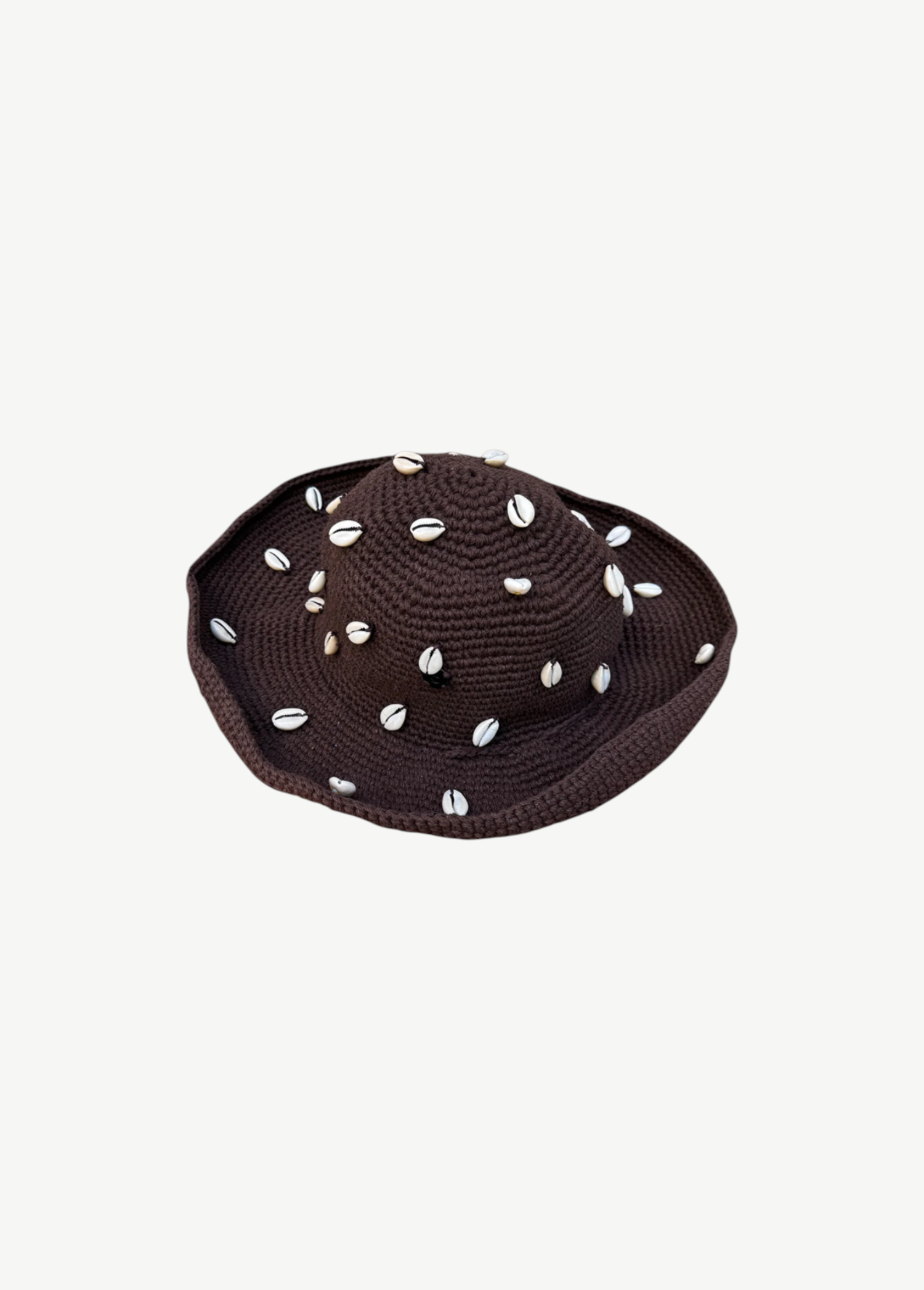 KABE SHOP INC Wika crochet hat in dark brown featuring decorative white cowrie shells and a chin strap