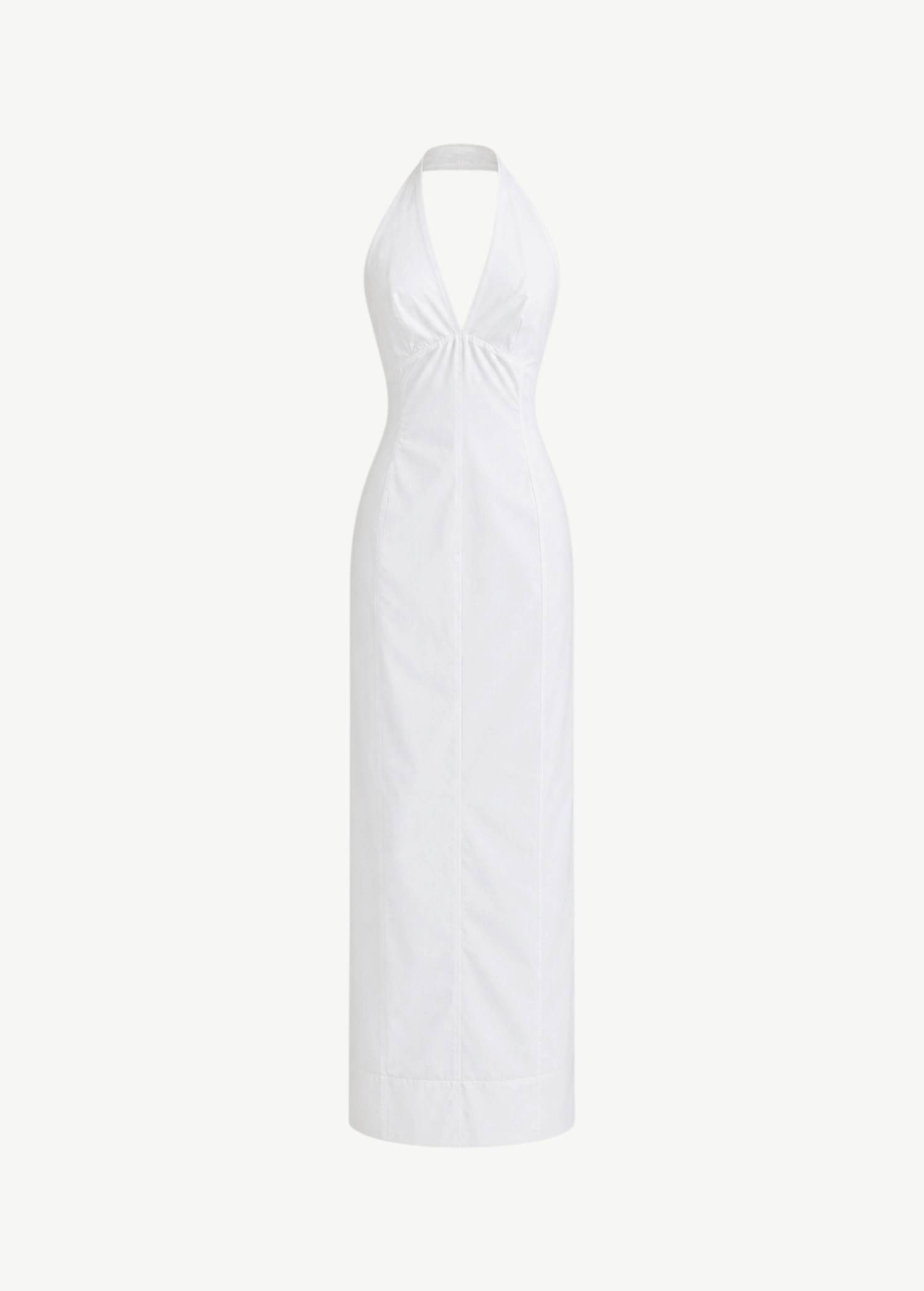 KABE SHOP INC Helia white floor-length halter gown with a plunging neckline and sculpted silhouette