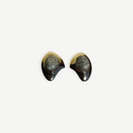 KABE SHOP INC geometric silver earrings featuring sculptural metal frames and detailed grey stone accents.