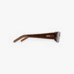KABE Billy rectangular brown cellulose acetate sunglasses, side profile view with metallic logo detail.