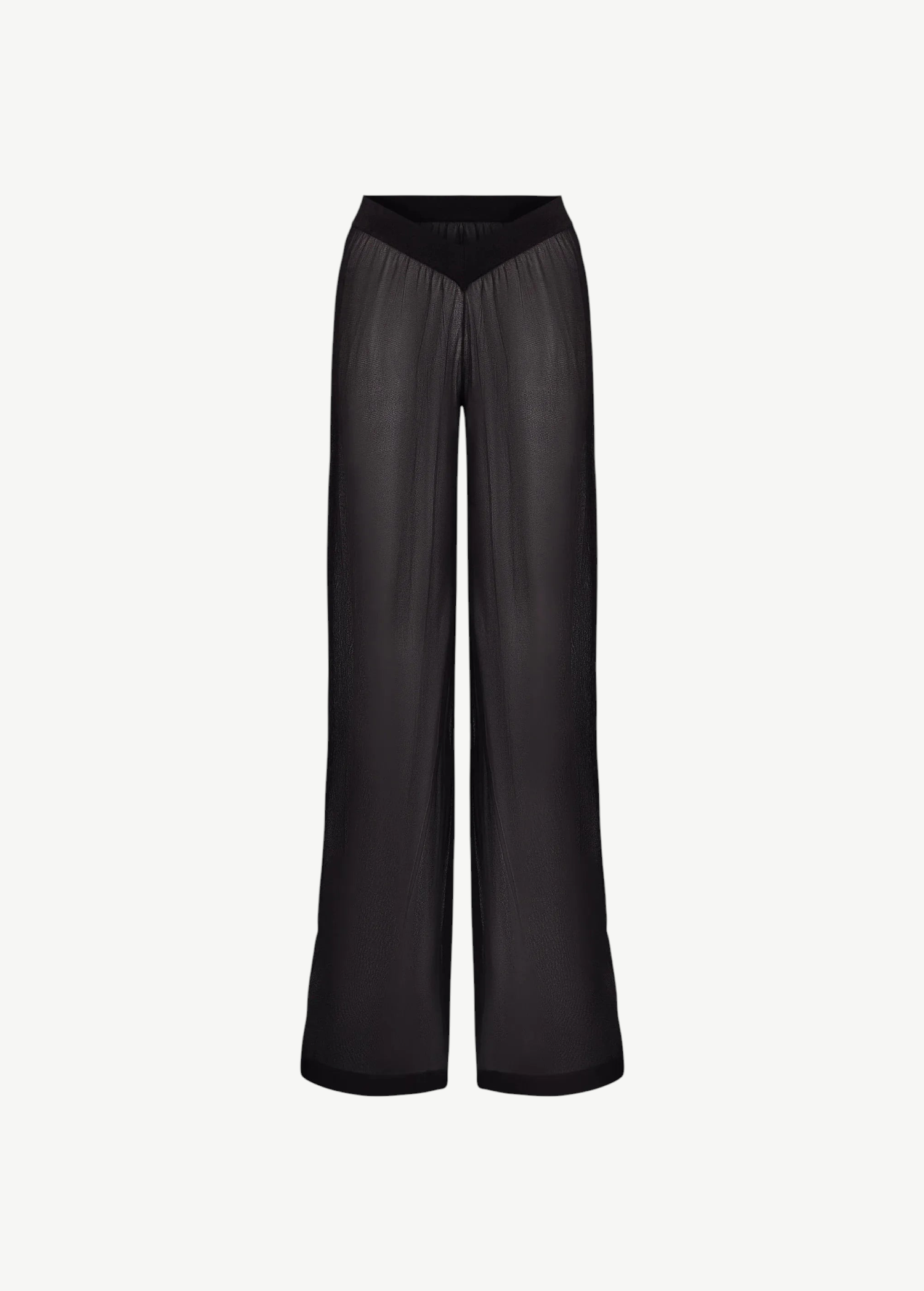 KABE SHOP INC sheer black palazzo pants with a wide-leg silhouette and a flattering ribbed V-shaped waistband.
