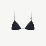 The Equator Top is a black triangle bikini top with a classic silhouette, made from eco-friendly recycled polyamide swimwear fabric. It features a pink and beige decorative bead on one strap and is shown against a plain white background.