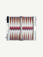 The ZigZag Backgammon Board Game features vibrant triangle patterns and comes complete with checkers stored on one side and dice in view, all beautifully crafted from acrylic and neatly presented in a sleek white carrying case—an eye-catching accent for your coffee table, photographed against a clean white background.