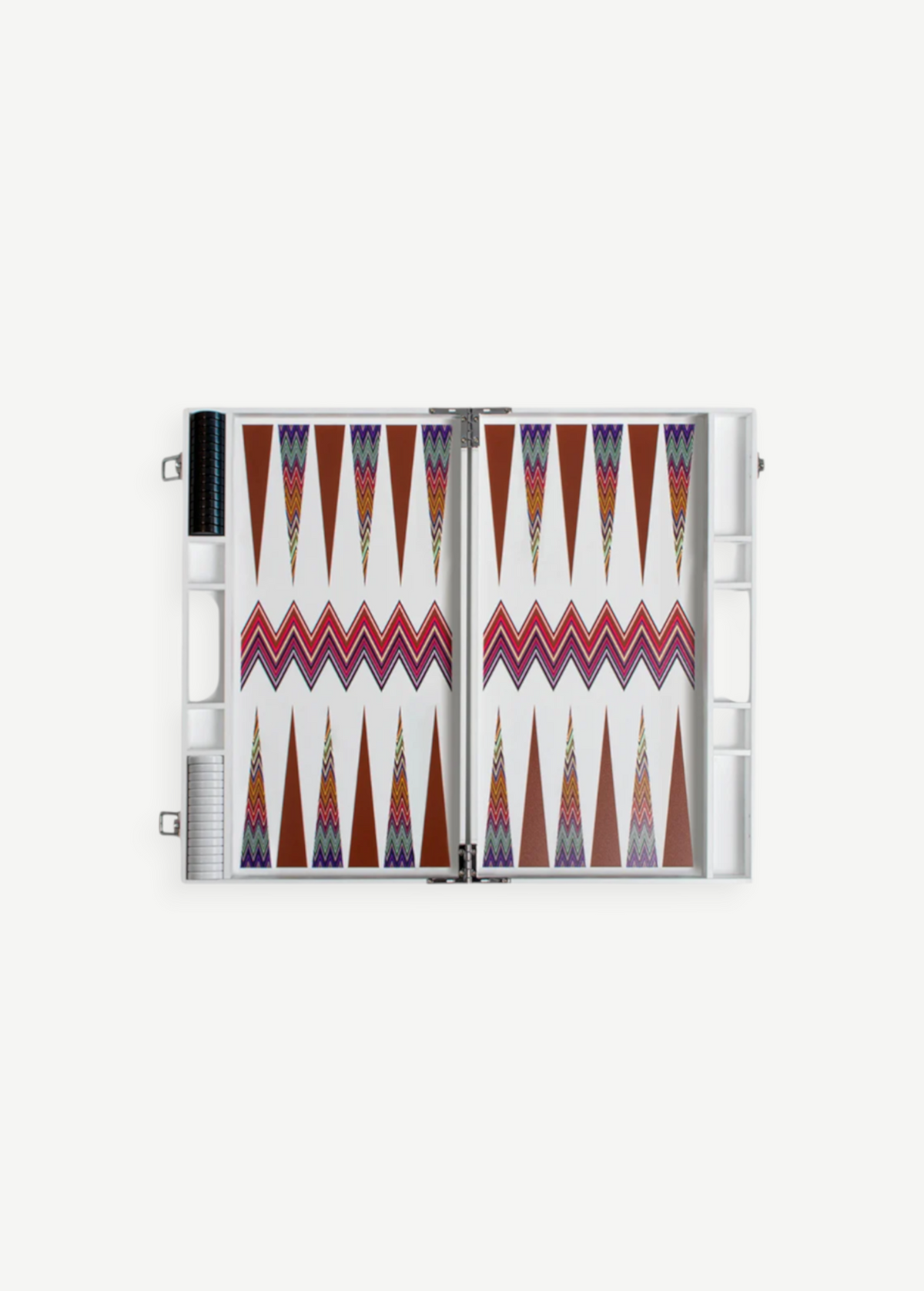 The ZigZag Backgammon Board Game features vibrant triangle patterns and comes complete with checkers stored on one side and dice in view, all beautifully crafted from acrylic and neatly presented in a sleek white carrying case—an eye-catching accent for your coffee table, photographed against a clean white background.