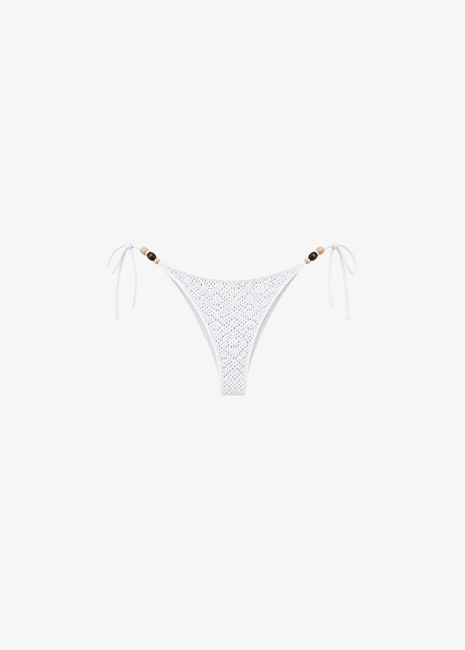 KABE SHOP INC white crochet bikini bottom with adjustable side ties and decorative wooden beads