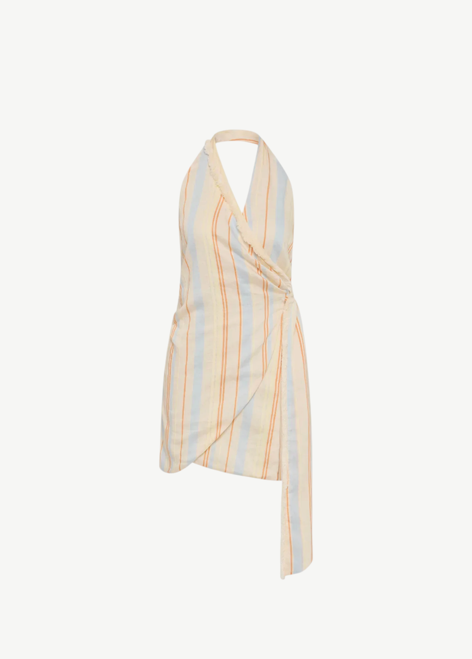 KABE SHOP INC Pernille wrap halter mini dress in striped linen-viscose blend with frayed edges and tie detail.