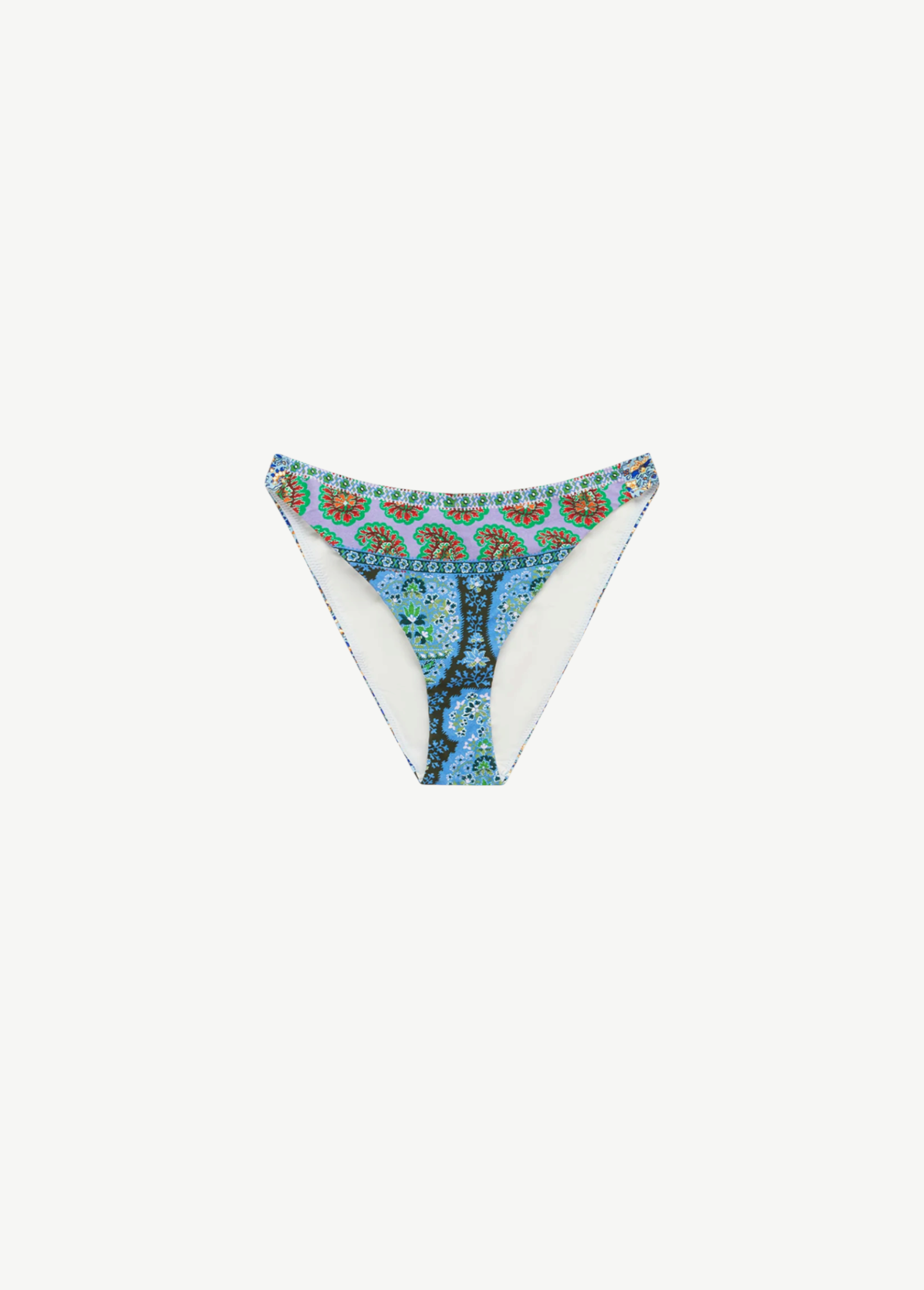 KABE SHOP INC Onda Dalian bikini bottom with a curved waistband and a vibrant blue and purple paisley print.