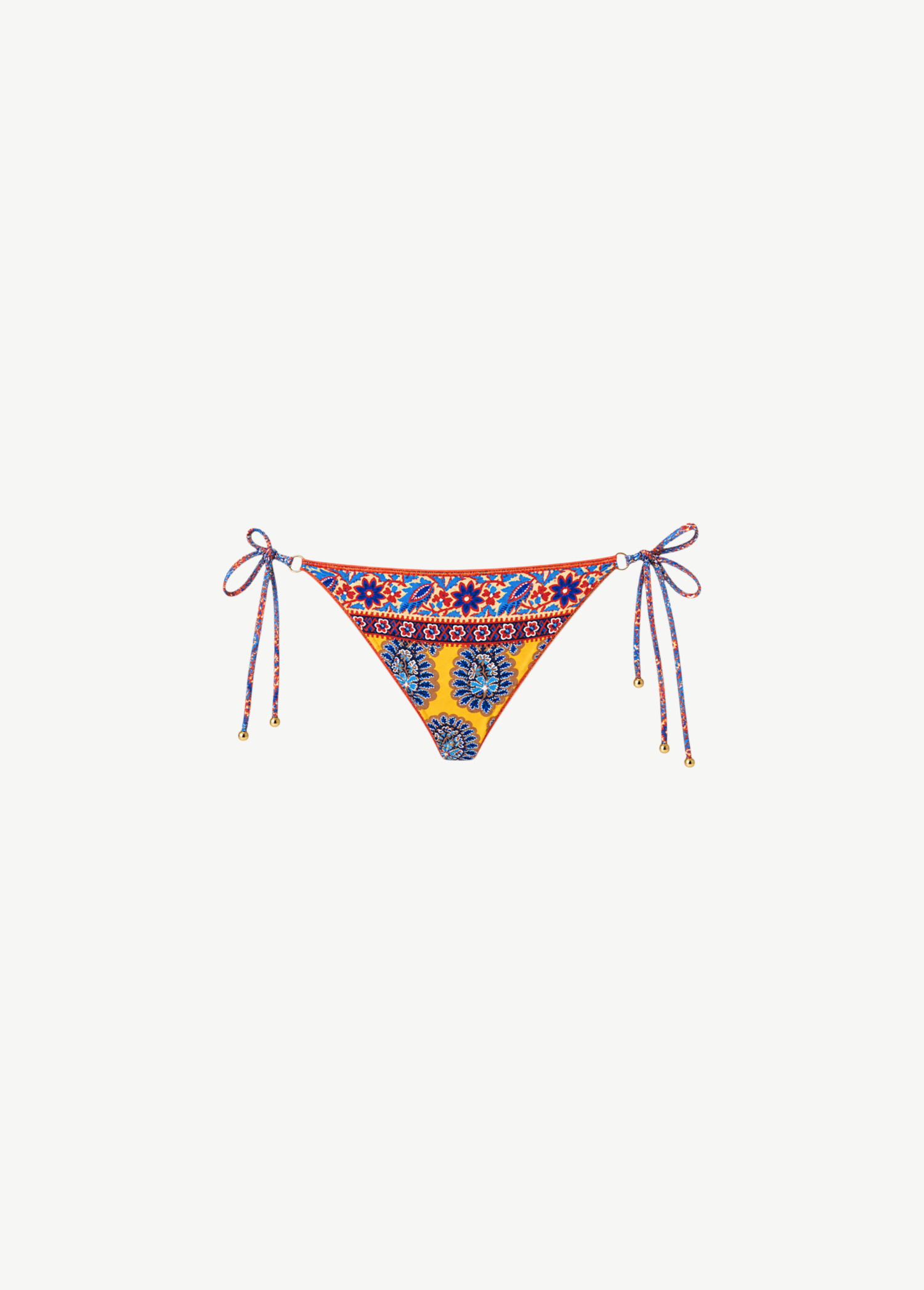KABE SHOP INC Pietro Lizzy tie-side bikini bottom in yellow with a retro floral paisley print and gold hardware