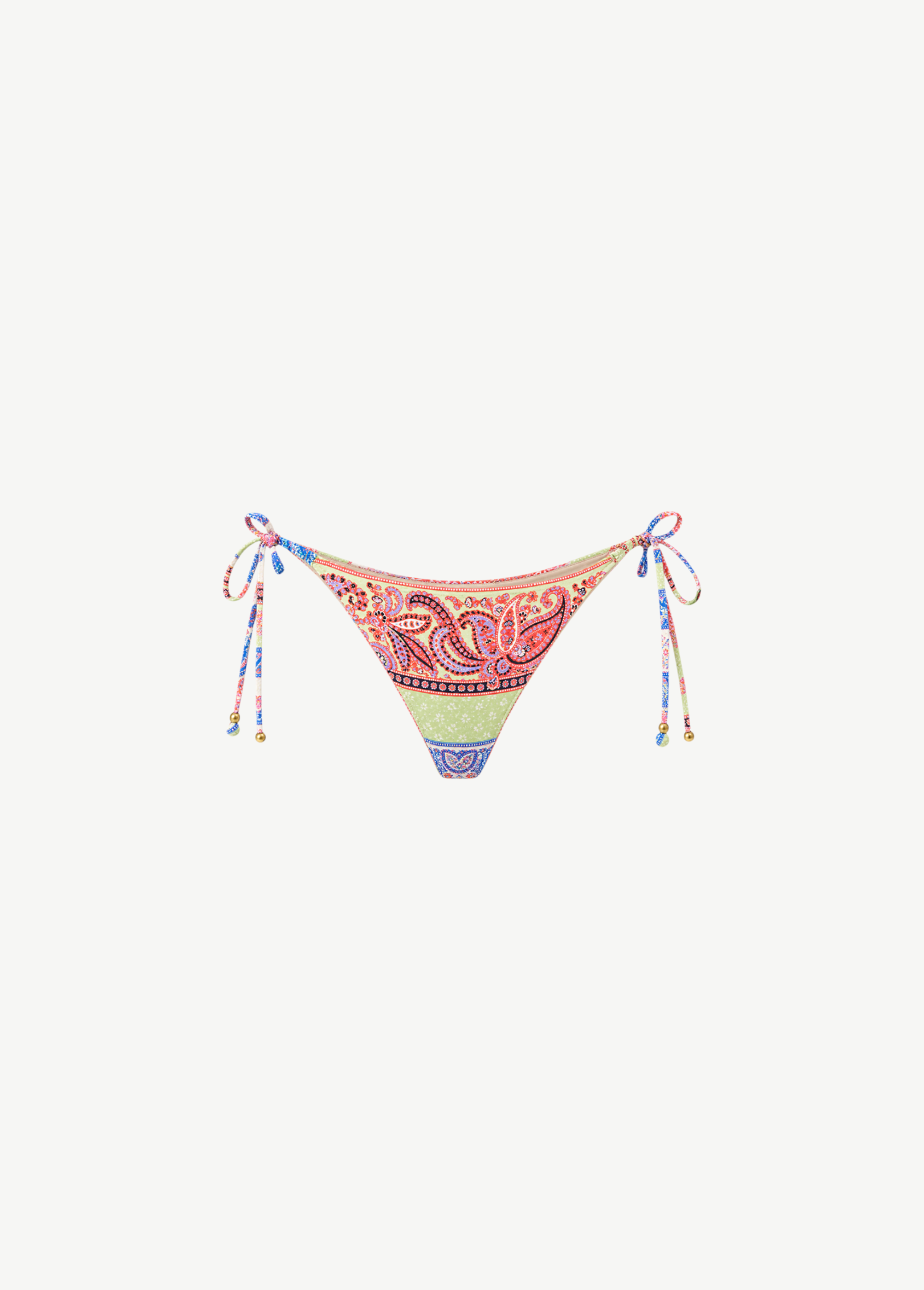 KABE SHOP INC Marseille Lizzy tie-side bikini bottom in a vibrant paisley print with gold hardware details.