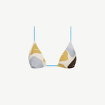 KABE SHOP INC Lola string triangle bikini top in stretchy lycra with a blue, yellow, and brown abstract floral print.