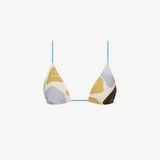 KABE SHOP INC Lola string triangle bikini top in stretchy lycra with a blue, yellow, and brown abstract floral print.