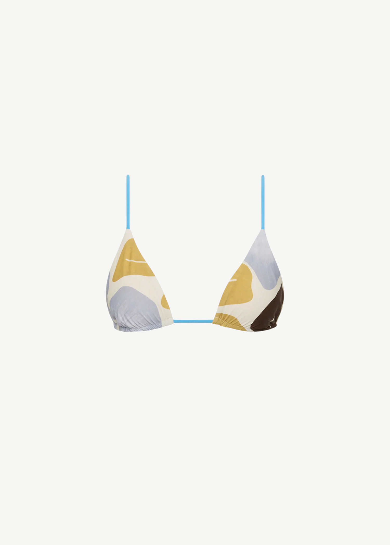 KABE SHOP INC Lola string triangle bikini top in stretchy lycra with a blue, yellow, and brown abstract floral print.