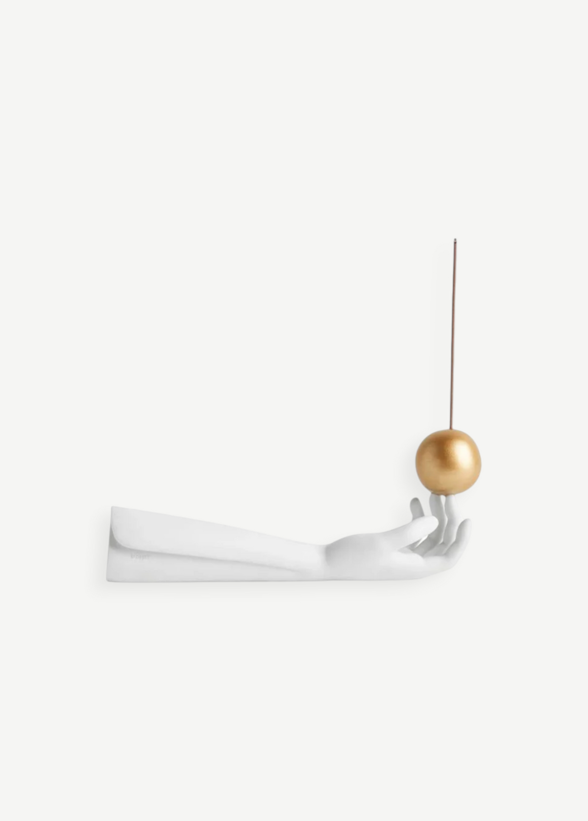 KABE SHOP INC Atlas porcelain incense holder featuring a white hand sculpture balancing a gold sphere with incense