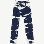 KABE SHOP INC tie dye denim jeans featuring a bold navy and white abstract pattern in a straight leg cut.