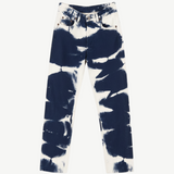 KABE SHOP INC tie dye denim jeans featuring a bold navy and white abstract pattern in a straight leg cut.