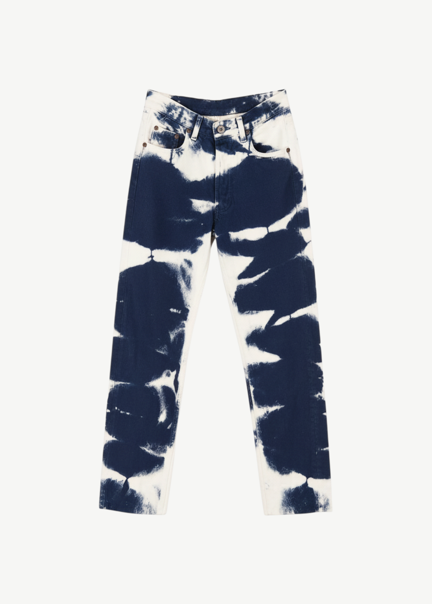 KABE SHOP INC tie dye denim jeans featuring a bold navy and white abstract pattern in a straight leg cut.