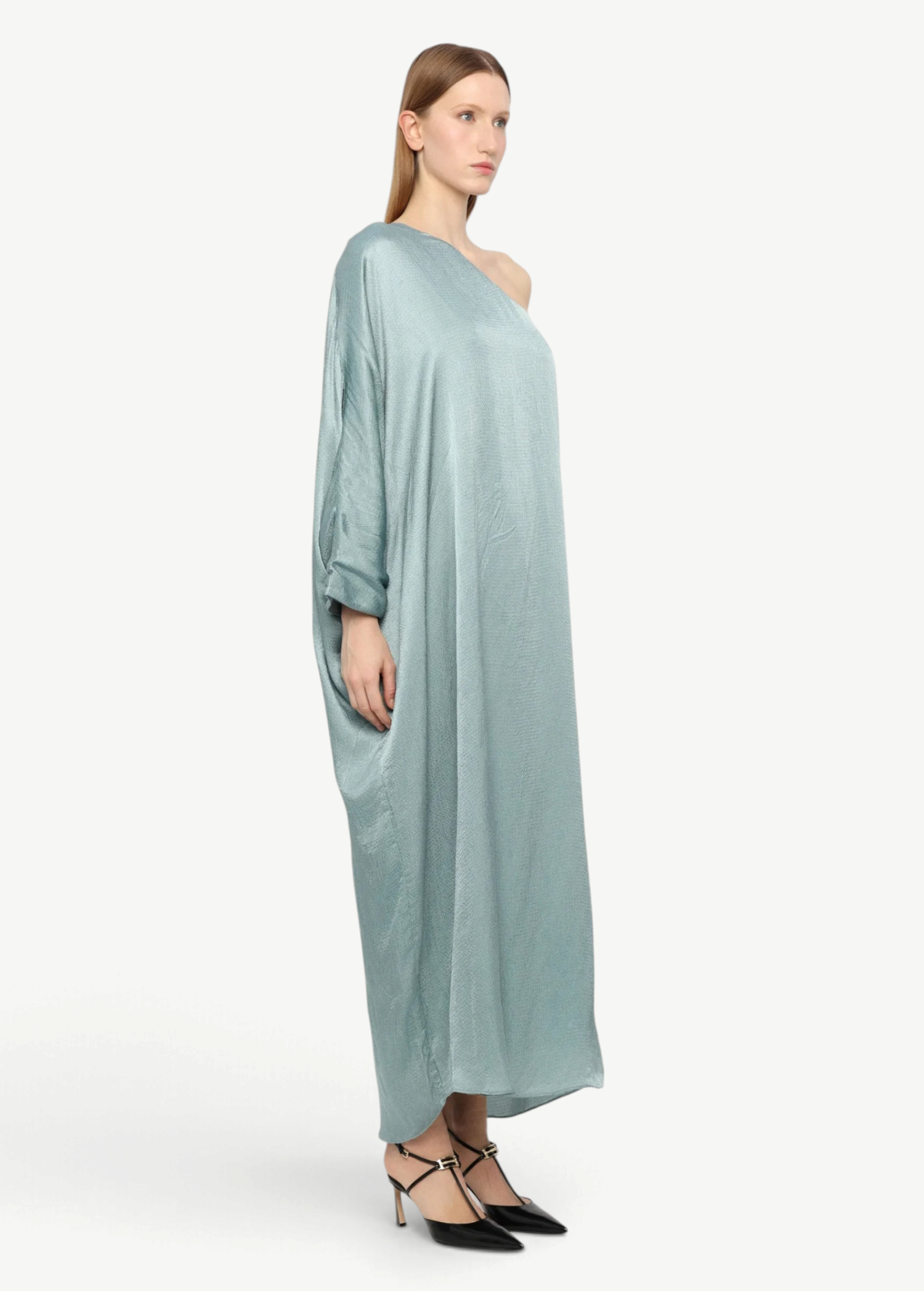 KABE SHOP INC Sonia one-shoulder maxi dress in shimmering light blue fabric worn by a model