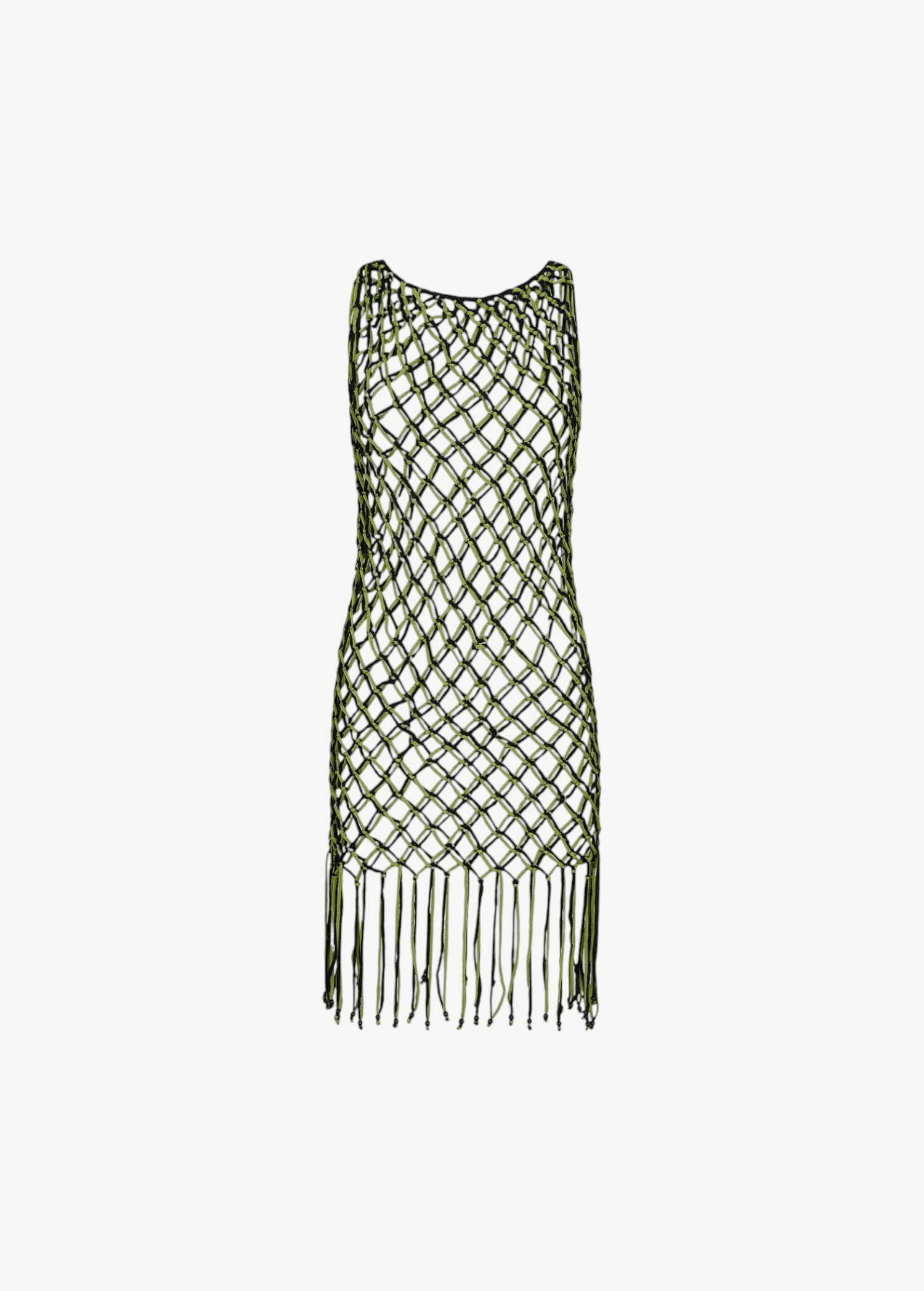 The Castaway Dress is a sleeveless macrame tunic dress crafted from green and black knotted netting with large diamond-shaped openings and long beaded fringe at the hem, handmade in Peru.
