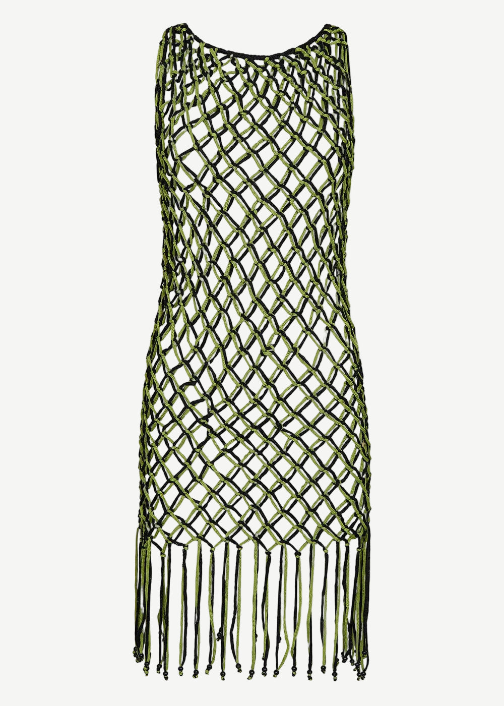 The Castaway Dress is a sleeveless macrame tunic dress crafted from green and black knotted netting with large diamond-shaped openings and long beaded fringe at the hem, handmade in Peru.
