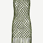 The Castaway Dress is a sleeveless macrame tunic dress crafted from green and black knotted netting with large diamond-shaped openings and long beaded fringe at the hem, handmade in Peru.