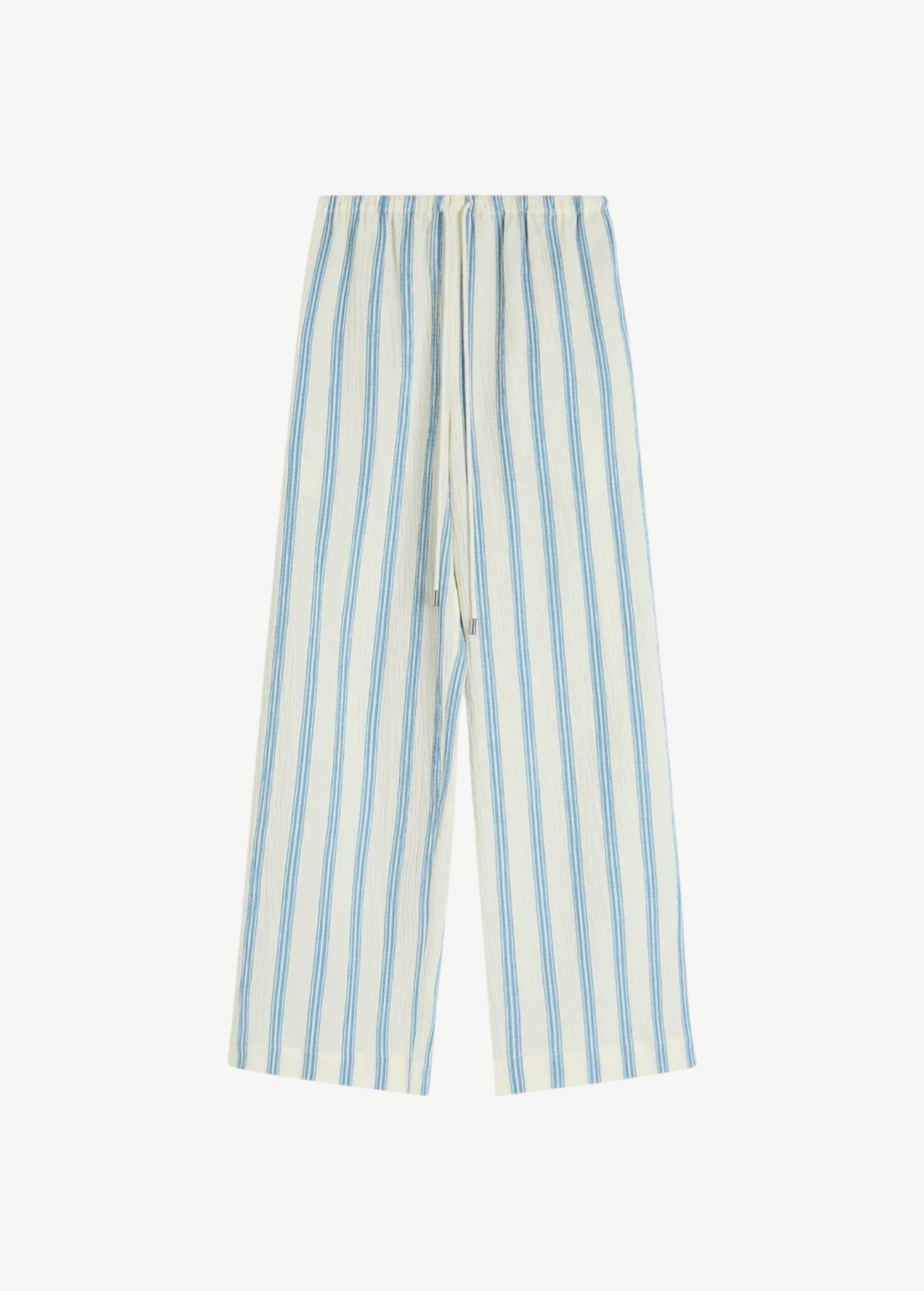 Finn Pant in off-white, lightweight pull-on style featuring vertical blue stripes and an elastic drawstring waist, a true resort essential.