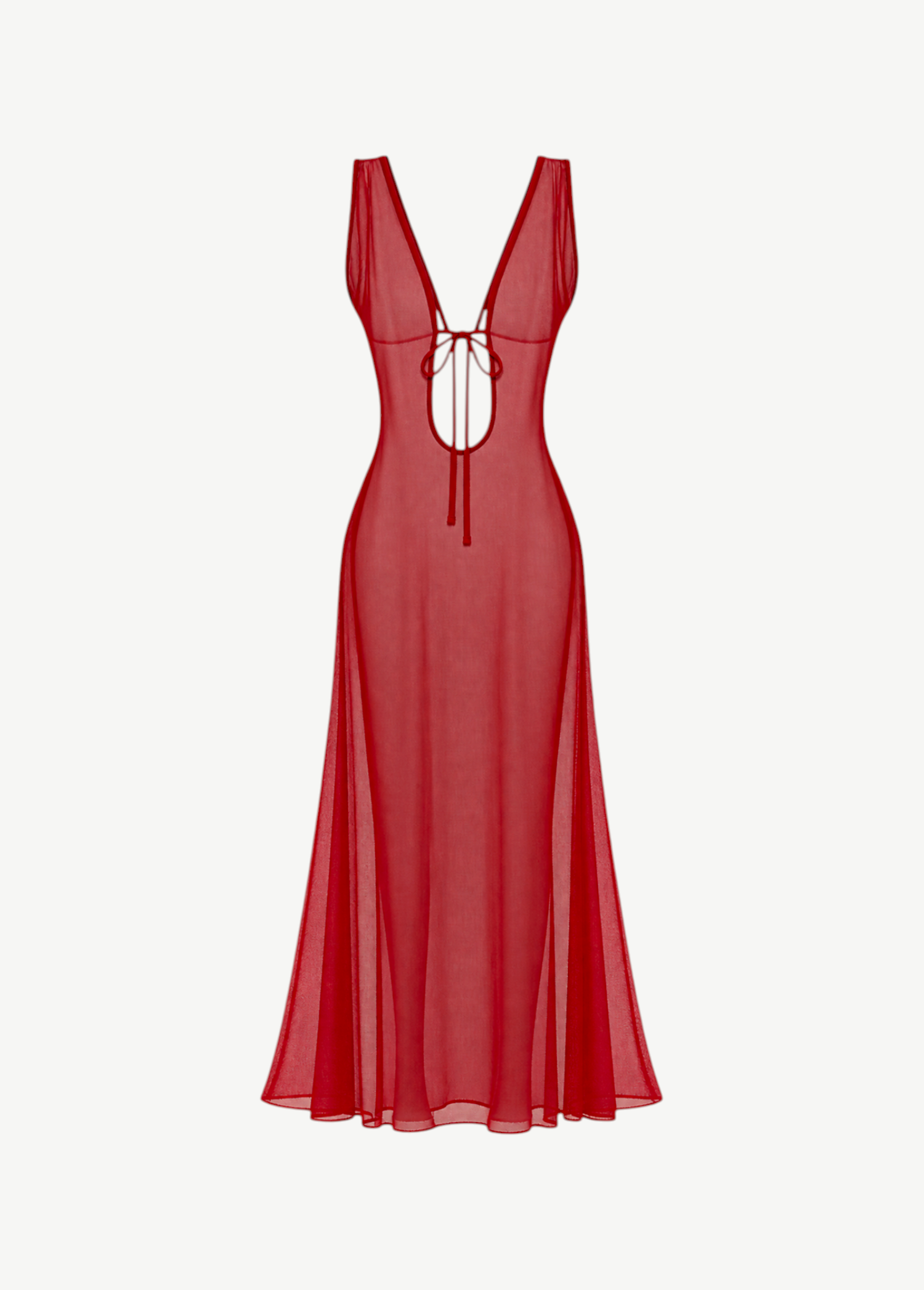 KABE SHOP INC Harper red sheer mesh maxi dress with a deep V-neck and front tie closure for beach or evening wear.