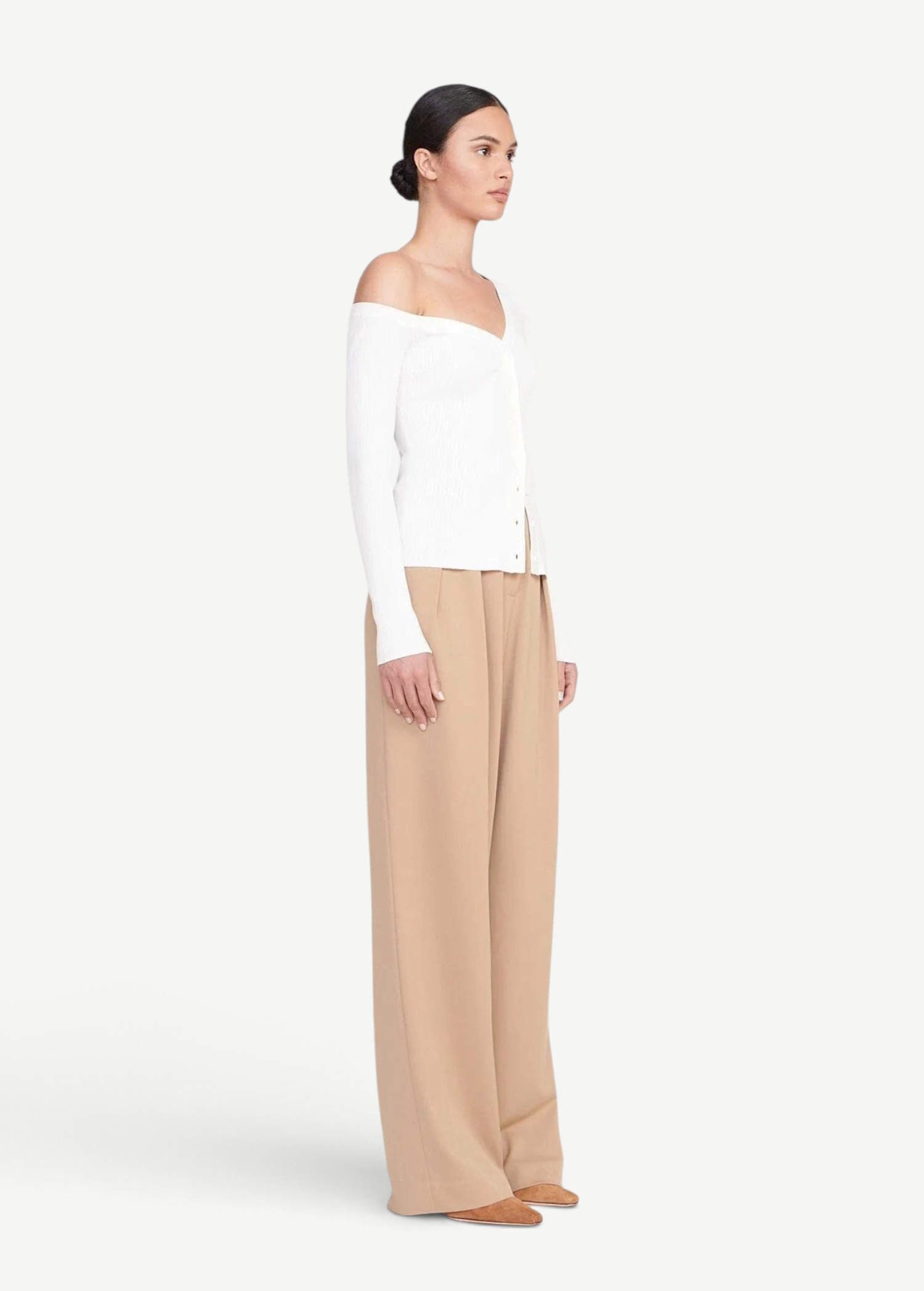 KABE SHOP INC Craftsman Sweater in white, featuring an off-the-shoulder neckline and ribbed knit texture.