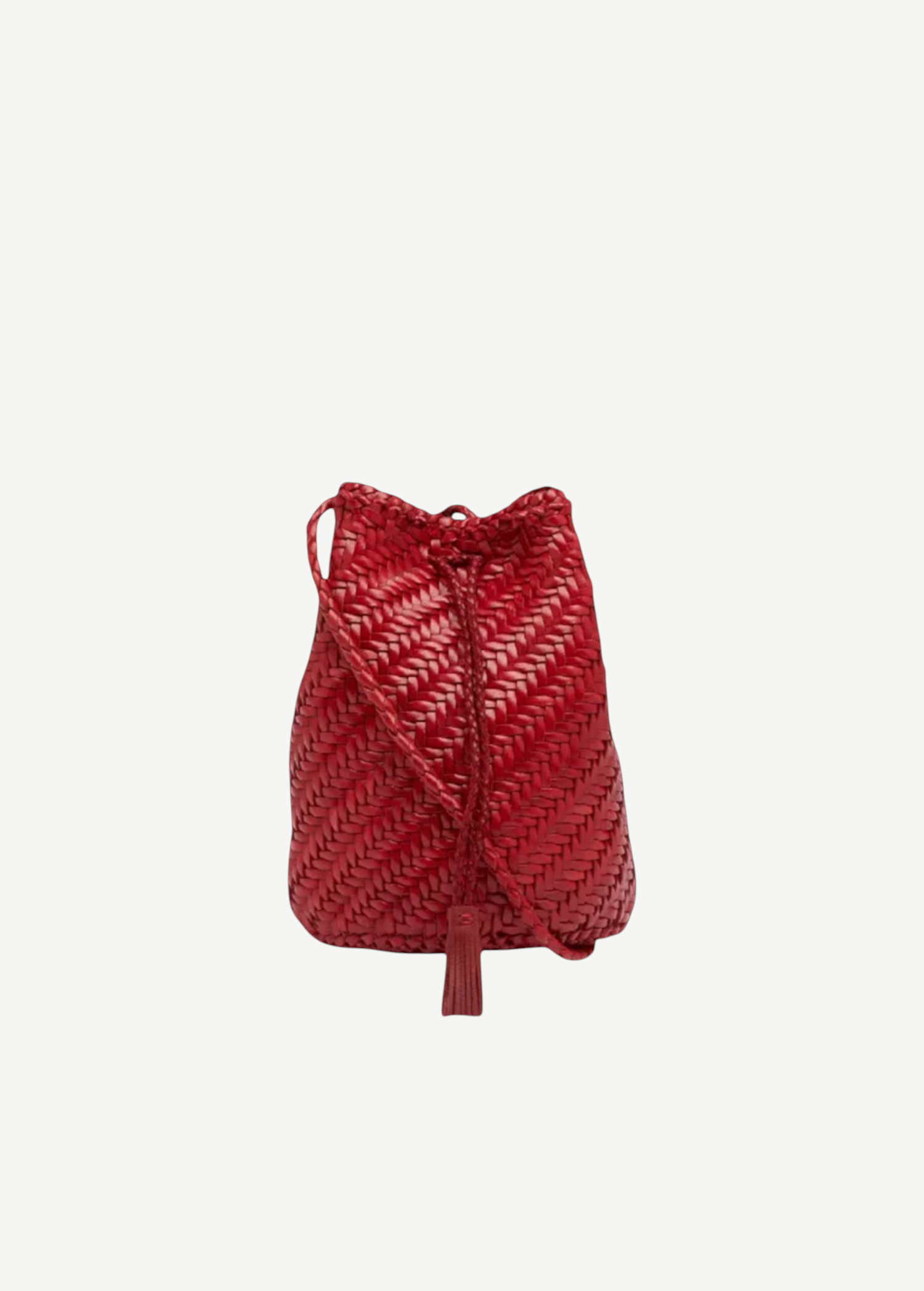 KABE SHOP INC red hand-crocheted buffalo calf leather shoulder bag with woven texture and a decorative tassel.