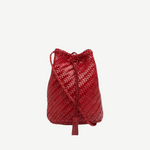 KABE SHOP INC red hand-crocheted buffalo calf leather shoulder bag with woven texture and a decorative tassel.