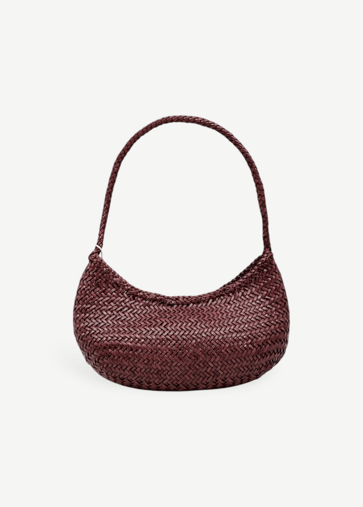 KABE SHOP INC Nova Luna compact shoulder bag in dark burgundy woven buffalo calf leather with a rounded silhouette.