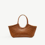KABE SHOP INC Nantucket handwoven tote bag in brown buffalo calf leather with a traditional basket-weave design.
