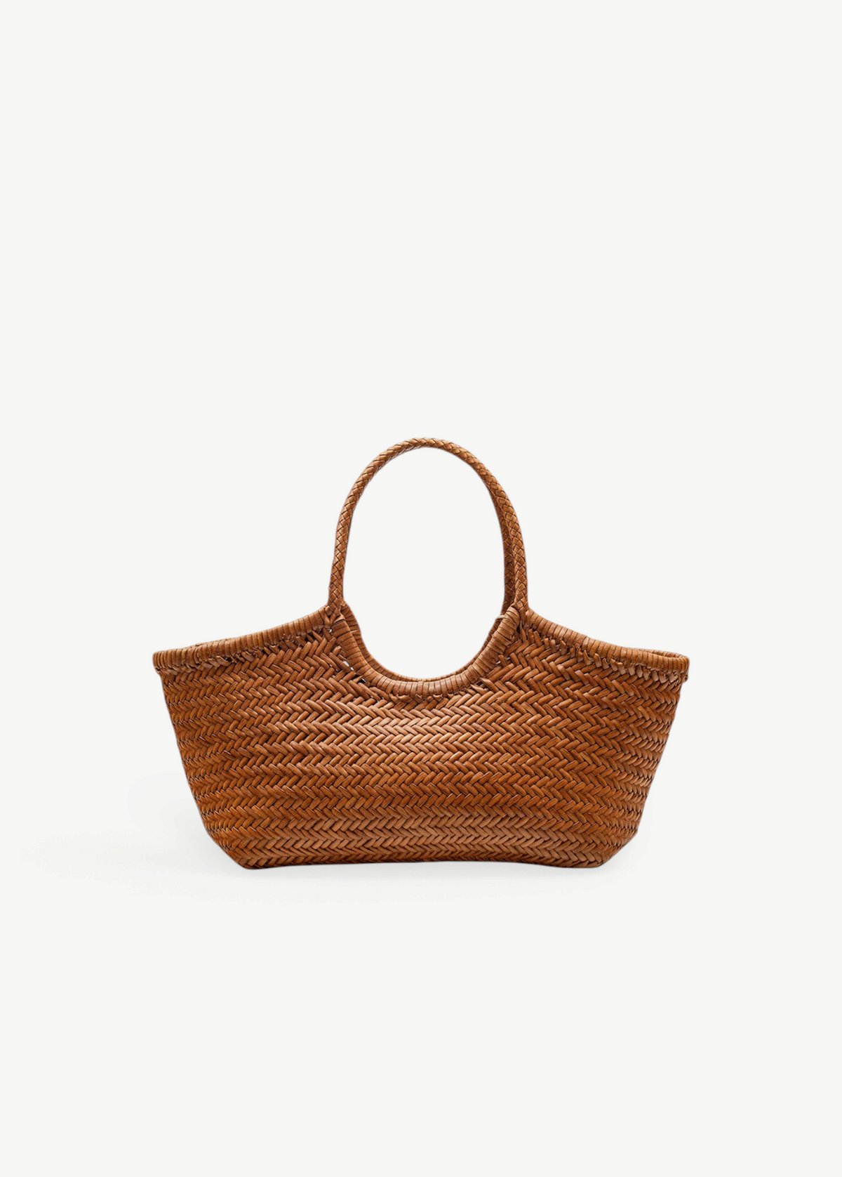 KABE SHOP INC Nantucket handwoven tote bag in brown buffalo calf leather with a traditional basket-weave design.