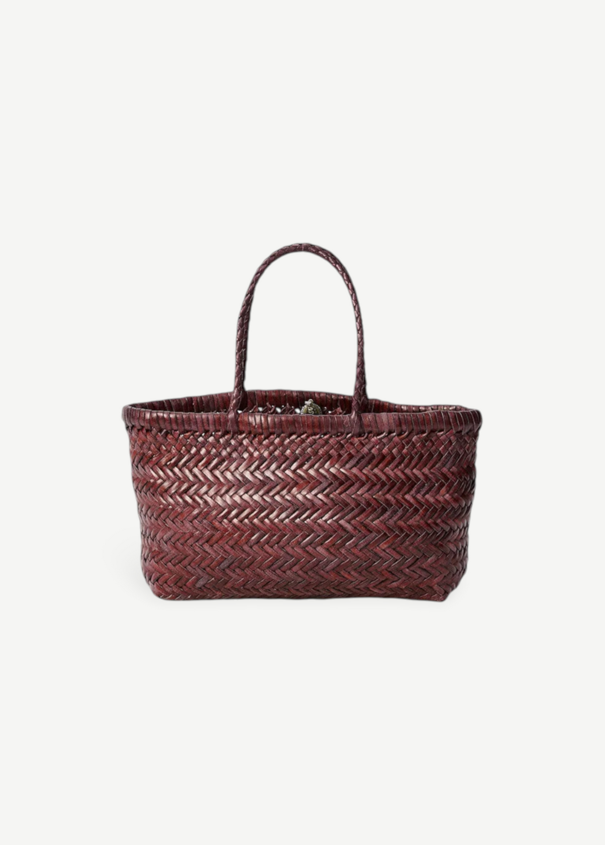 KABE SHOP INC Mini Flat Gora bag in dark brown handwoven buffalo calf leather with a classic basket-weave silhouette.