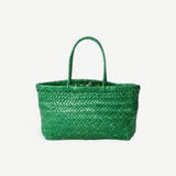 KABE SHOP INC Mini Flat Gora bag in vibrant green handwoven buffalo calf leather with a classic basket-weave design.