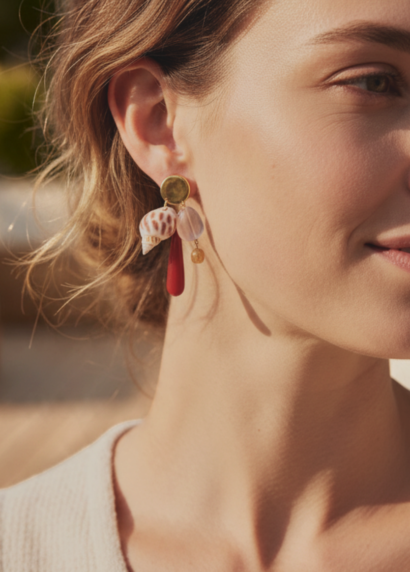KABE SHOP INC shell earrings featuring natural shells, red gemstone drops, and gold accents worn by a woman