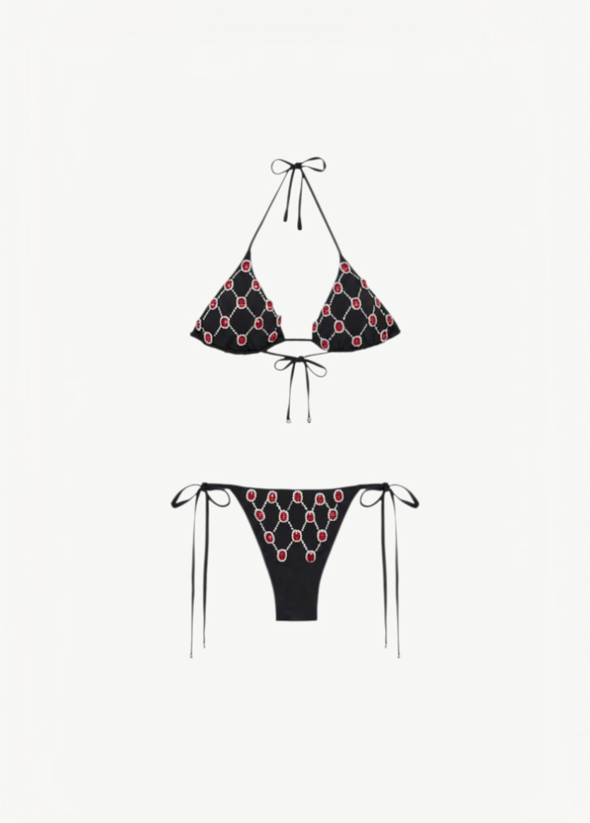 KABE SHOP INC black microfiber Brazilian bikini with red and silver gem embroidery on triangle top and tie-side bottom.