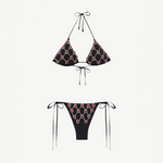 KABE SHOP INC black microfiber Brazilian bikini with red and silver gem embroidery on triangle top and tie-side bottom.