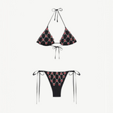 KABE SHOP INC black microfiber Brazilian bikini with red and silver gem embroidery on triangle top and tie-side bottom.