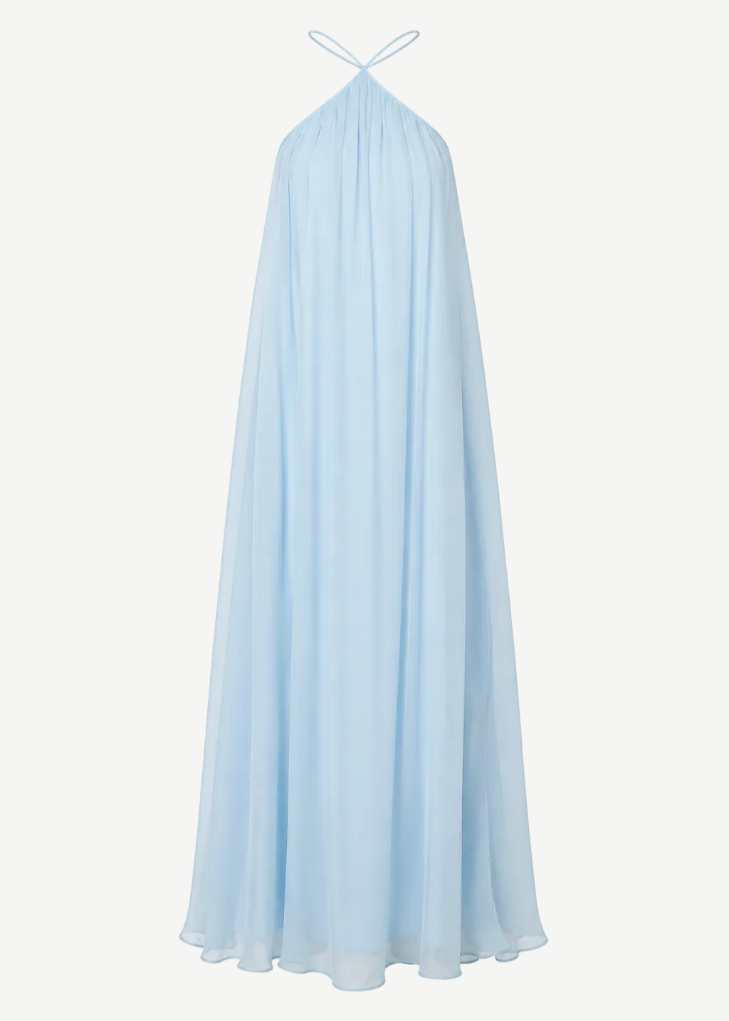 Light blue floor-length Dasha Dress with a gathered halter neckline, perfect for minimalist summer dressing.