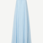 Light blue floor-length Dasha Dress with a gathered halter neckline, perfect for minimalist summer dressing.