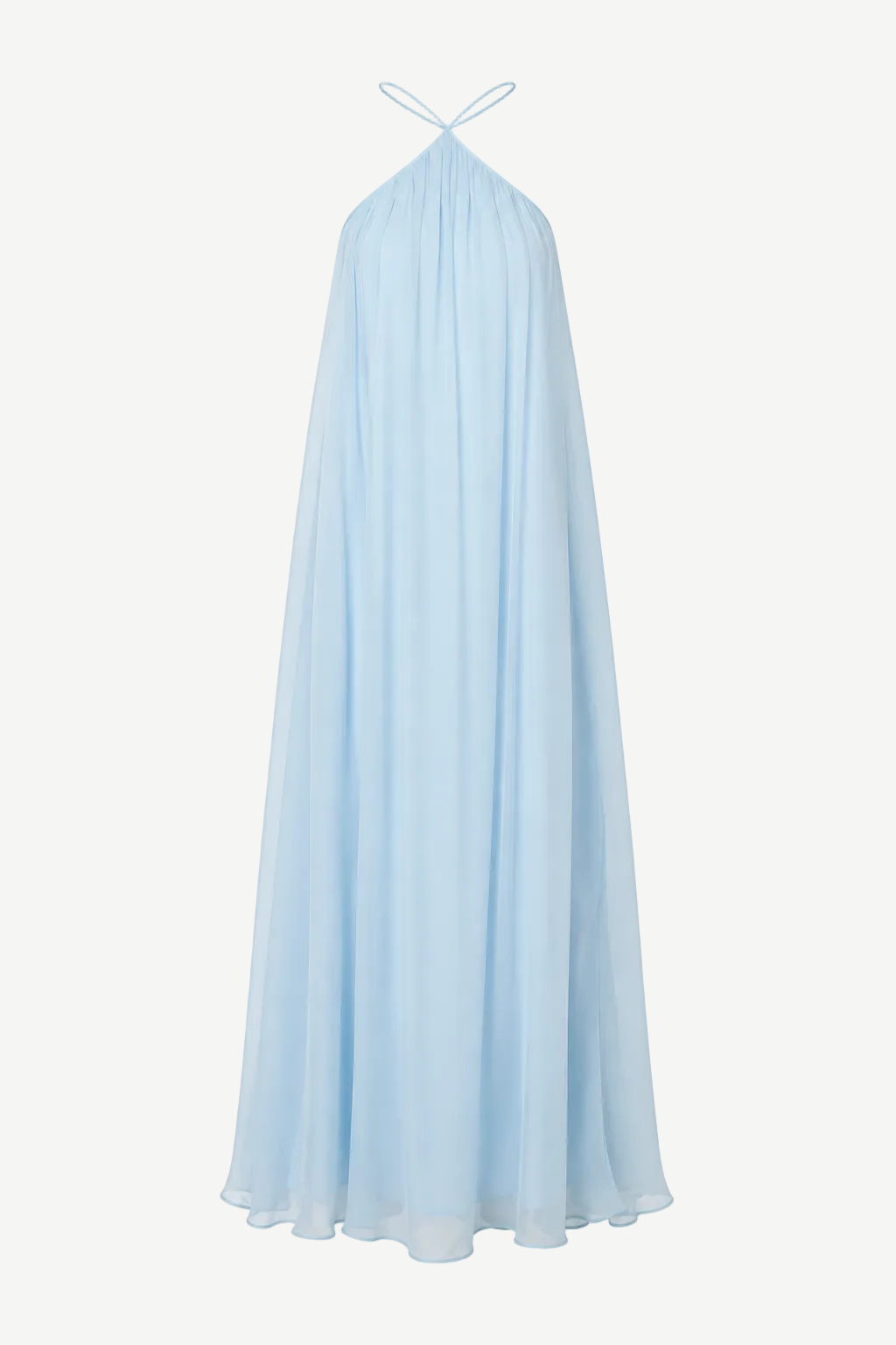 Light blue floor-length Dasha Dress with a gathered halter neckline, perfect for minimalist summer dressing.