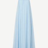 Light blue floor-length Dasha Dress with a gathered halter neckline, perfect for minimalist summer dressing.
