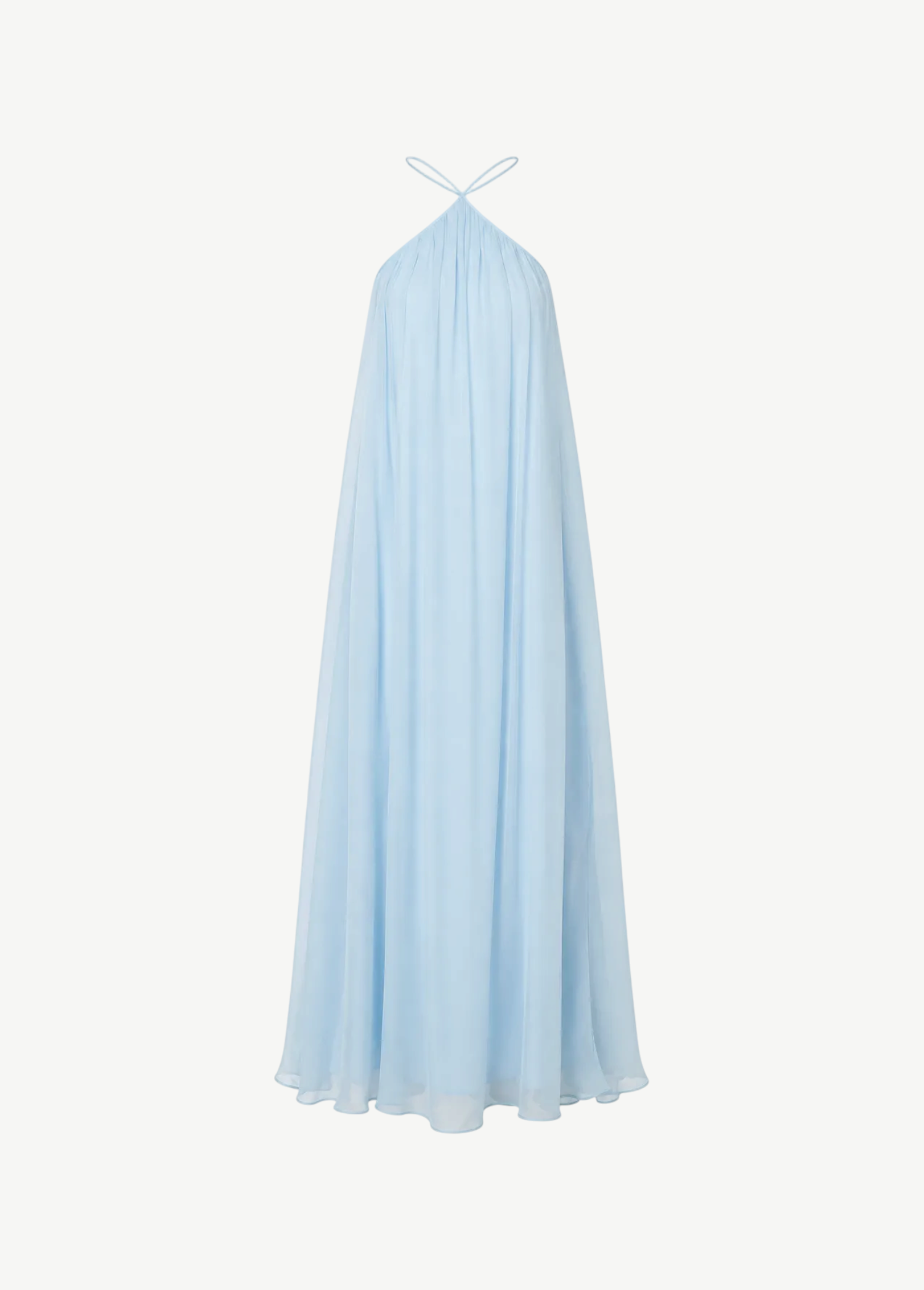 Light blue floor-length Dasha Dress with a gathered halter neckline, perfect for minimalist summer dressing.
