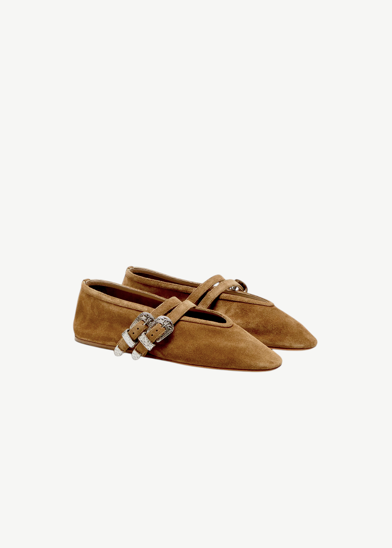 KABE SHOP INC Ballet Claudia taupe suede slipper shoes with western-inspired silver buckles and delicate detailing.