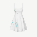 KABE SHOP INC Wells mini dress in white featuring a square neckline and delicate blue floral embroidery
