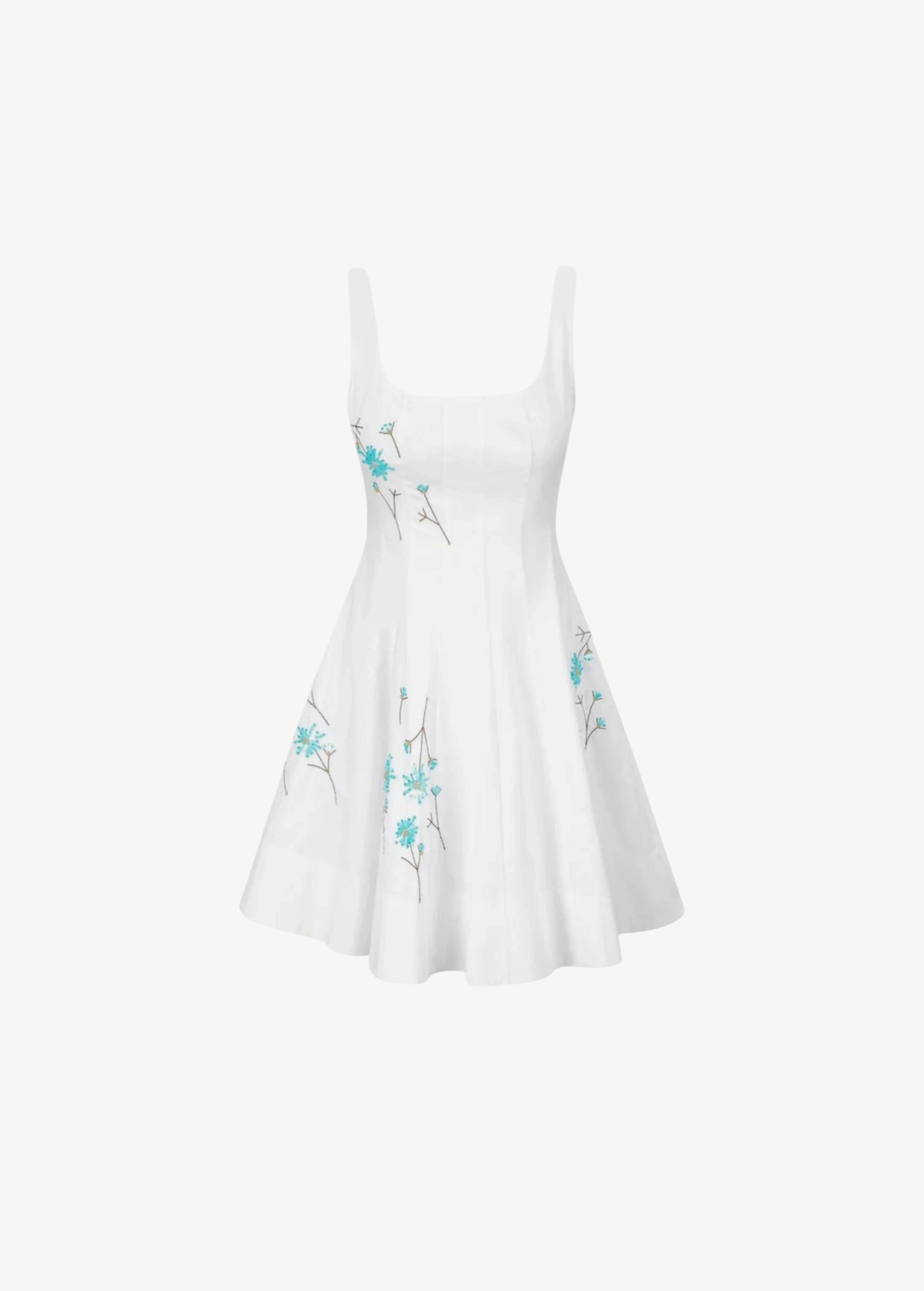 KABE SHOP INC Wells mini dress in white featuring a square neckline and delicate blue floral embroidery