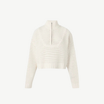 Cream-colored Cropped Hampton Sweater with a ribbed mock neck, front zipper, and an open-knit texture.