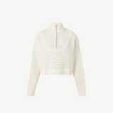 Cream-colored Cropped Hampton Sweater with a ribbed mock neck, front zipper, and an open-knit texture.