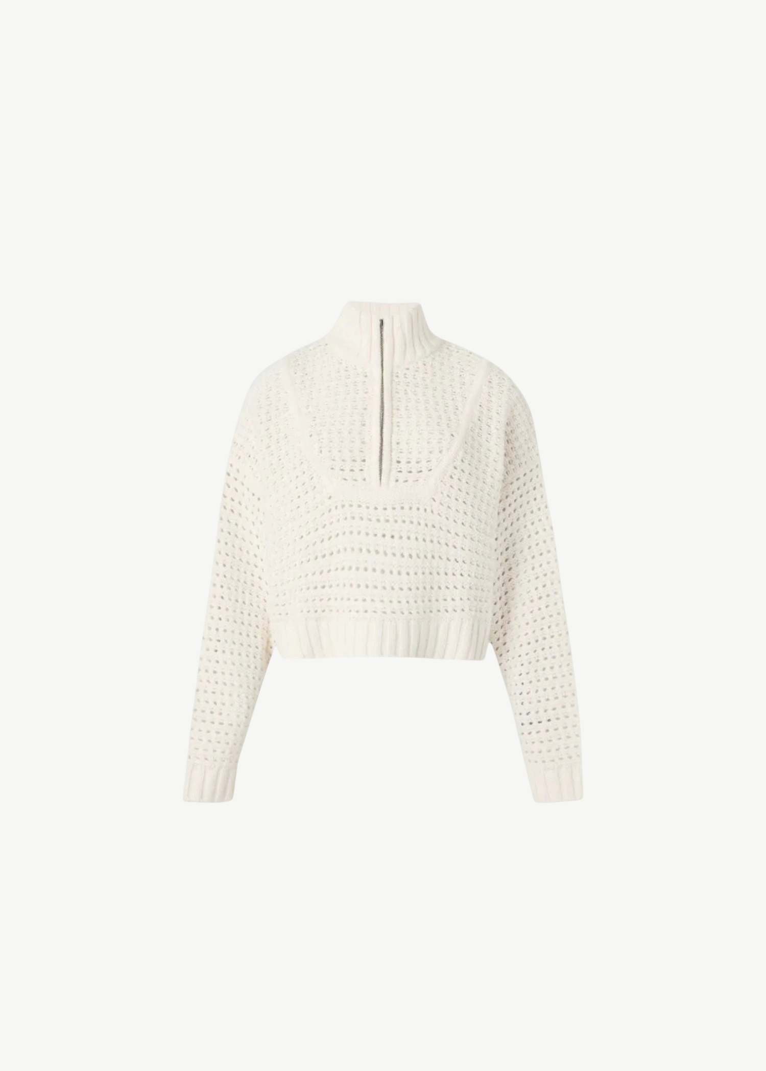 Cream-colored Cropped Hampton Sweater with a ribbed mock neck, front zipper, and an open-knit texture.