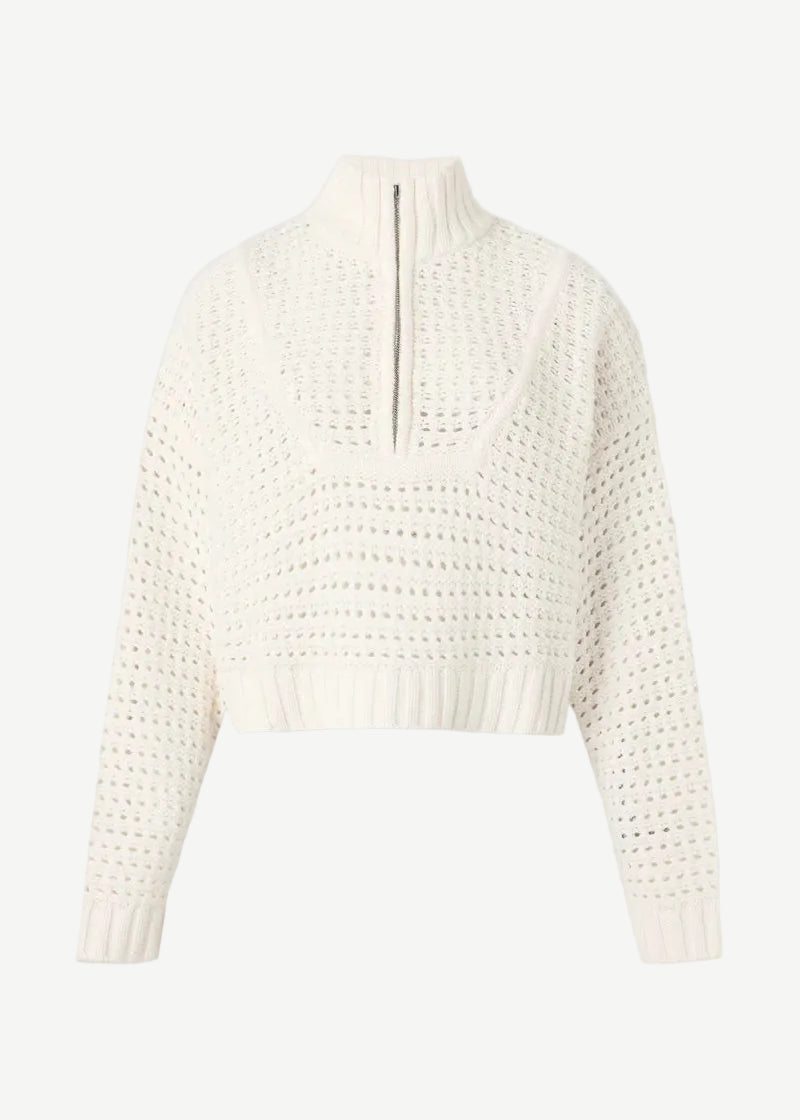 Cream-colored Cropped Hampton Sweater with a ribbed mock neck, front zipper, and an open-knit texture.